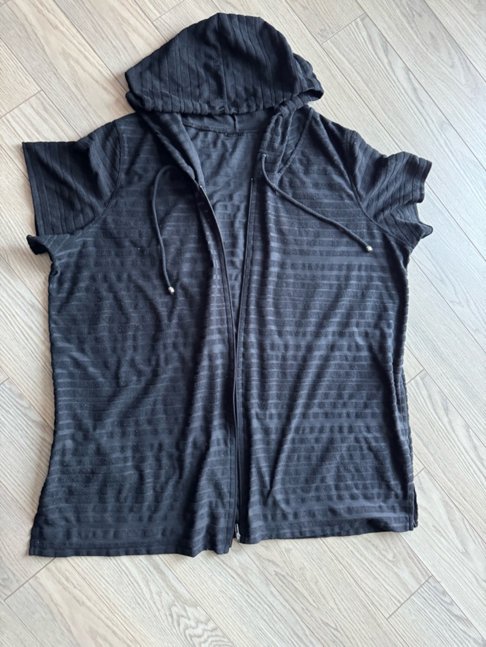 Black Hooded Short Sleeve Zip-Front beach swim coverup Top